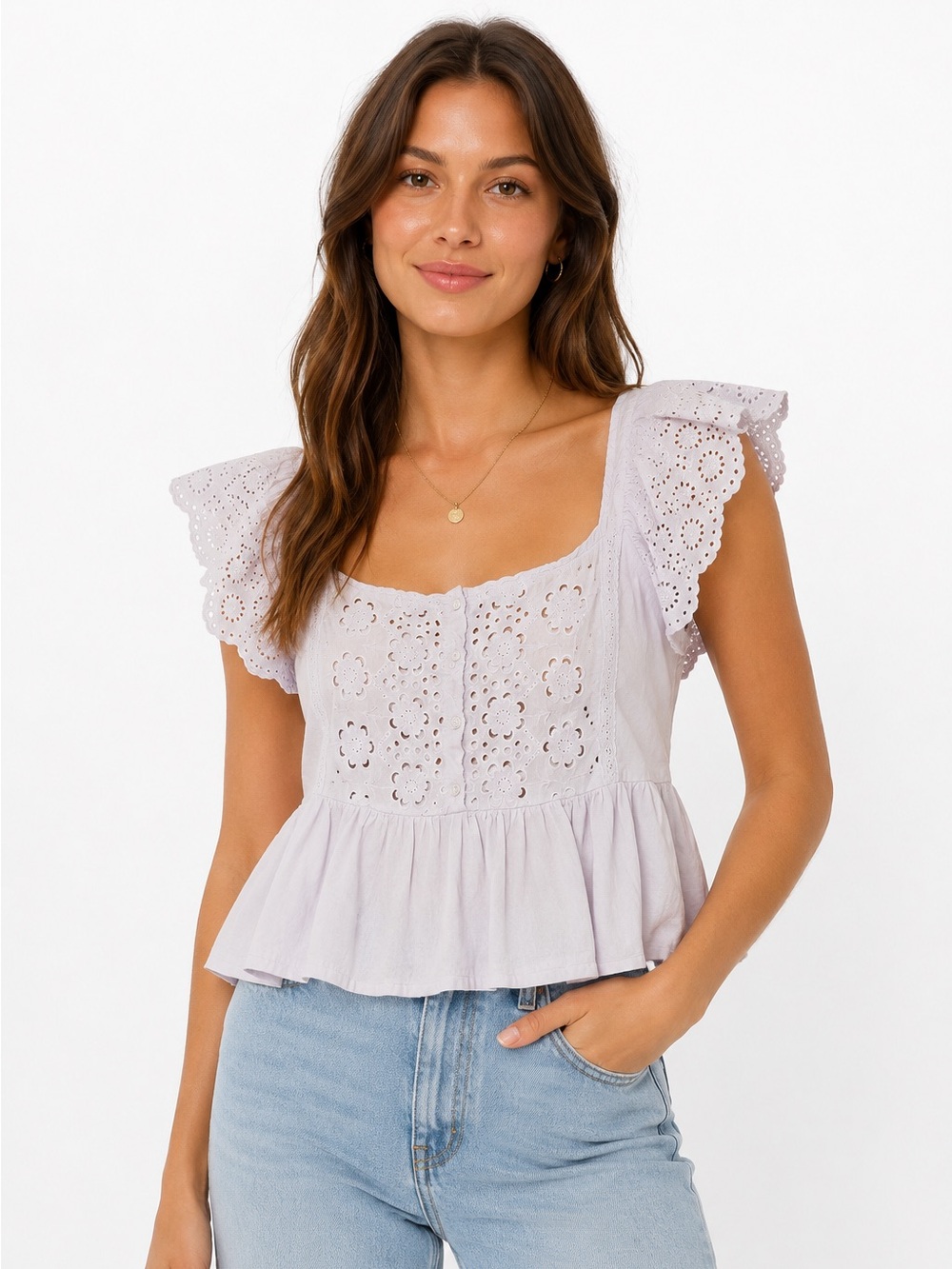 American Eagle Outfitters Lavender Eyelet Ruffle Peplum Top Size Medium